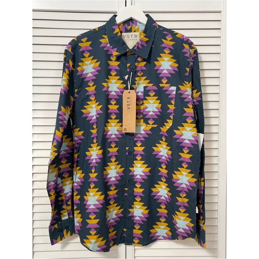 NWT VSTR Premium Mens Cotton Long Sleeve Button Up Shirt Southwestern Aztec Blue